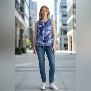 NEW, French Twist, Blue Leaf Print Sleeveless Top, Small